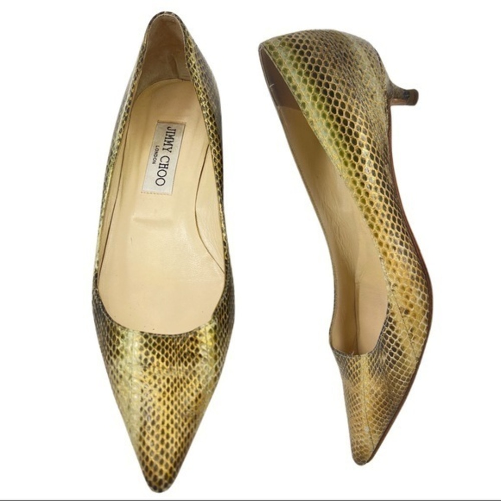 Jimmy Choo Snakeskin Leather Green Brown Gold Kitten Heel Pointed Toe Pumps 37.5